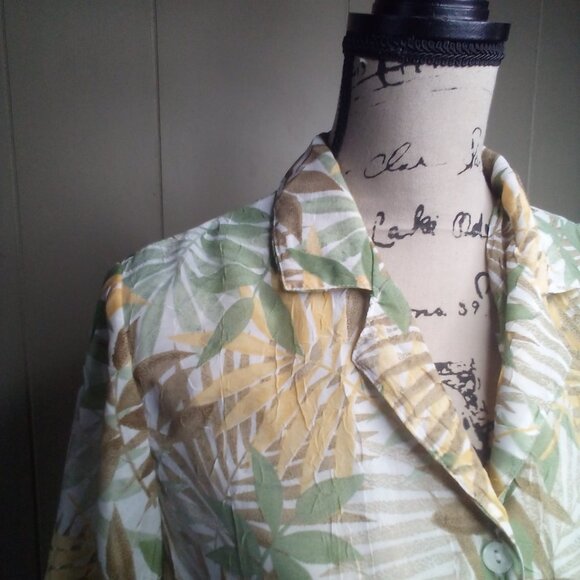 Cathy Daniels Blouse M Button Up Sheer Textured 3/4 Sleeve Floral Brown Green - Picture 7 of 16